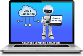 A robot holding a laptop screen displaying a chatbot and generative AI app, with cloud computing symbols above the laptop