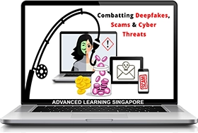 Laptop displaying a fishing rod hooking coins ($), showcasing deepfakes with different faces, tablet showing phishing emails, and mobile phone displaying a scam.