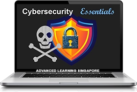 Laptop screen displaying a shield with a padlock and skull made of binary code, symbolising cybersecurity and digital threats.