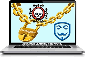 Chain padlock with a hacker and skull surrounded by a network, symbolizing cybersecurity threats and digital protection.