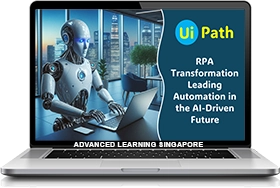 Robot typing on a laptop in a modern office environment, with the "RPA (UiPath) Transformation" course name displayed beside it.