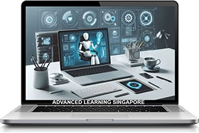 Laptop screen displaying AI automation interface with charts, workflows, and virtual assistant icons